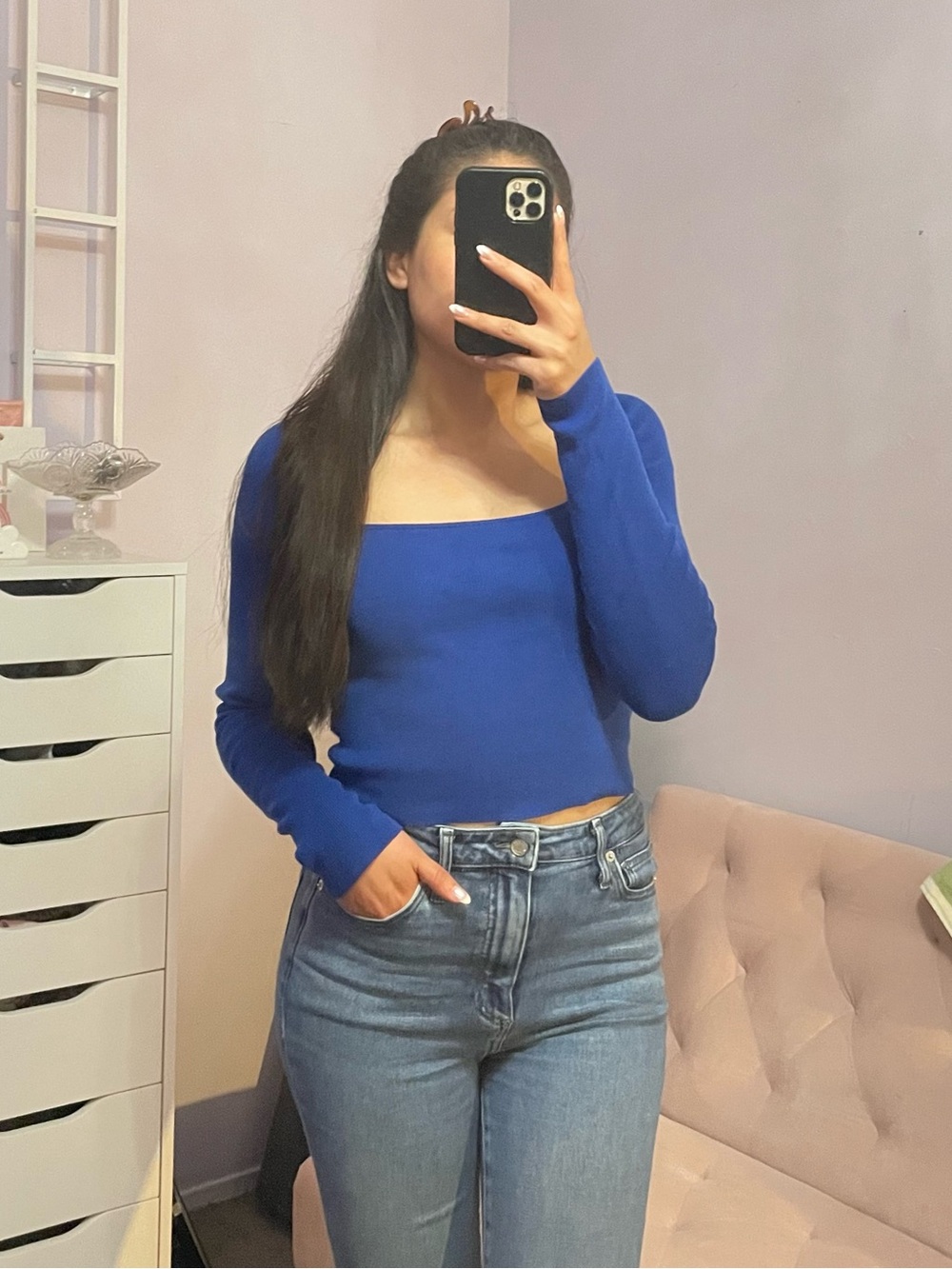 H&M | Royal Blue Square-Neck Long-Sleeve Crop Top
